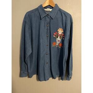 VTG Natural Impressions Button Up Top Womens XL Denim Scarecrow Pumpkin Fall 90s
